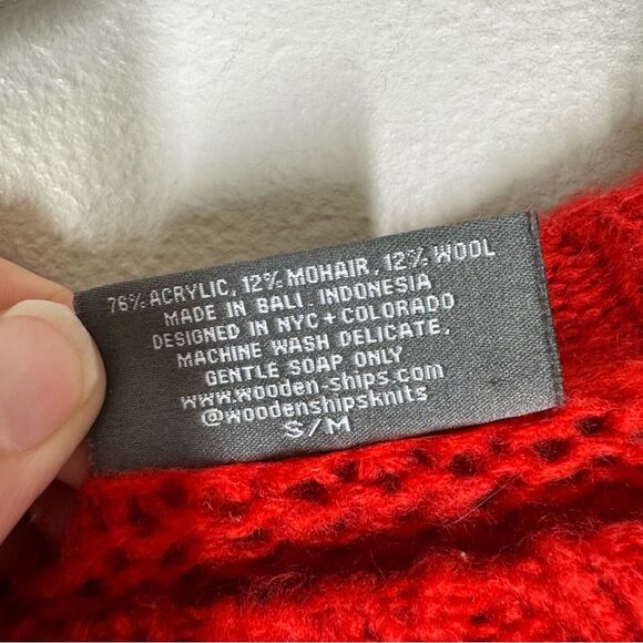 Wooden Ships Red Heart Crewneck Sweater Mohair Wool Blend Red Pink S/M - Picture 3 of 4